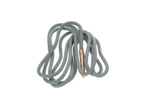 Geknotetes graues Kabel mit einem metallischen Stecker, möglicherweise ein Temperaturfühler von Bosch für Heizsysteme.